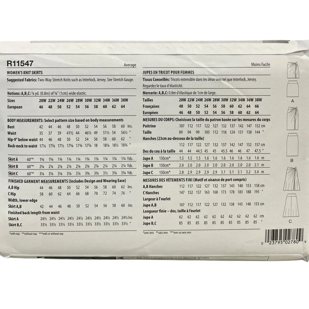 McCall's R11547 Women's Knit Skirts Plus Size Sewing Pattern Sizes 30W-38W